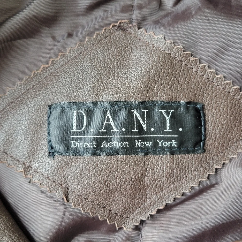 DANY Leather Coat  Women Size L Brown Hooded Zip Snaps 4 Pockets Cinched Vintage